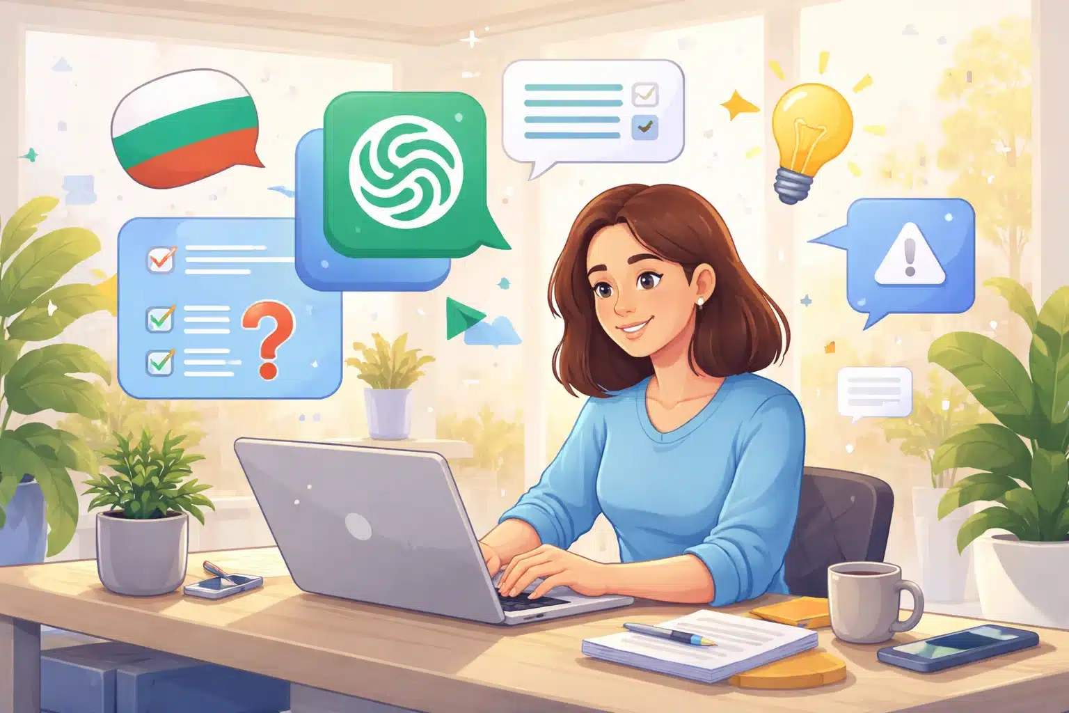 жена използва ChatGPT на български
